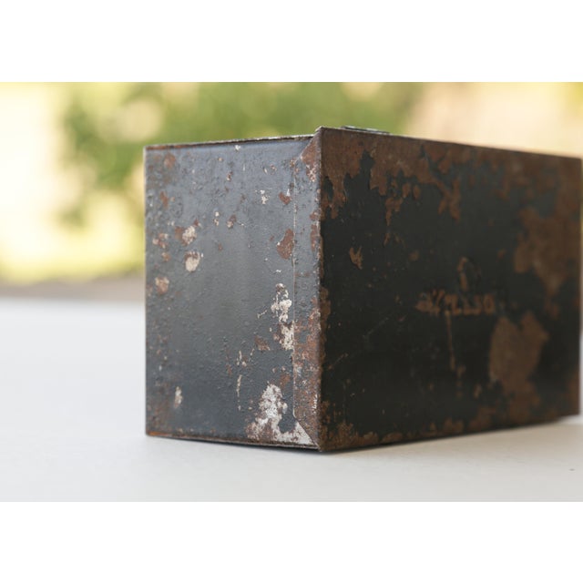 30s Vintage Industrial Metal Steel Tool Box With Rusty Patina and Chipping Black Paint For Sale - Image 17 of 17