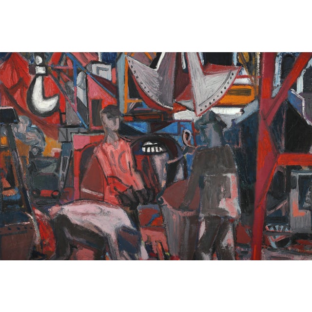 Mid Century Modernist Mechanical Painting on Canvas of the Port of Caen, France For Sale - Image 4 of 10