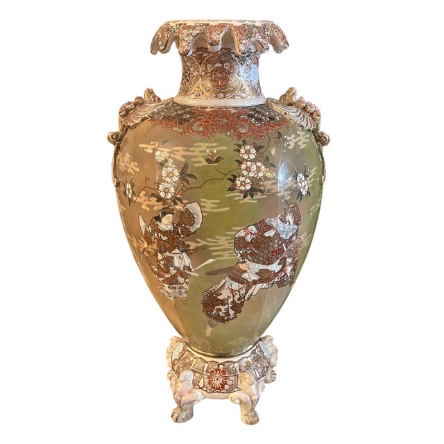 Ceramic Large Antique Japanese Satsuma Earthenware Floor Vase Meiji Style, Early 20th C. For Sale - Image 7 of 11
