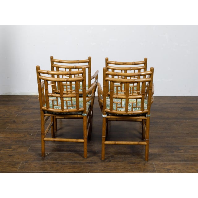 Set of Four Midcentury English Faux Bamboo Armchairs with Thin Cushions For Sale - Image 11 of 12