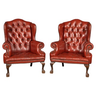 Set of English Leather Wing Back Armchairs, 1970s For Sale