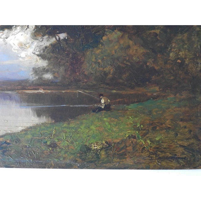 Wood Late 19th Century Barbizon School Landscape With Fisherman Painting For Sale - Image 7 of 8