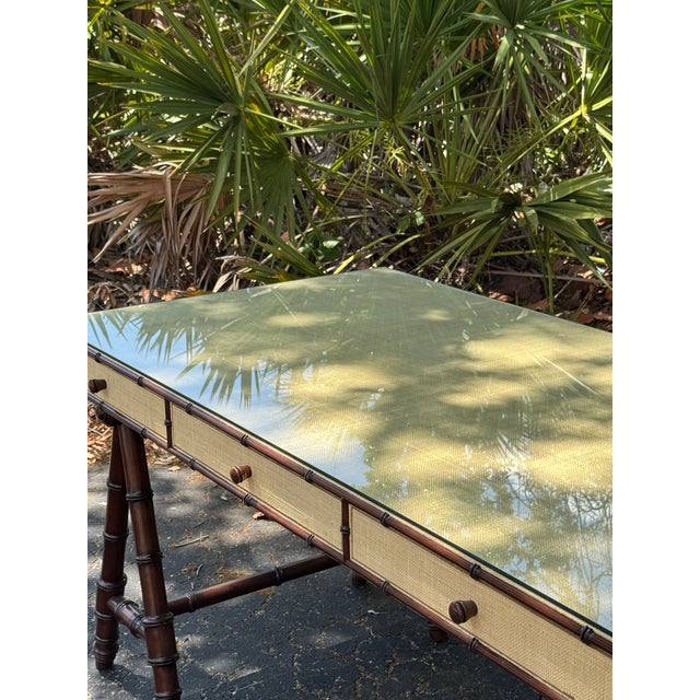 Williams Sonoma Home Faux Bamboo & Raffia Desk With Glass Top – Coastal Regency Writing Table For Sale - Image 9 of 9
