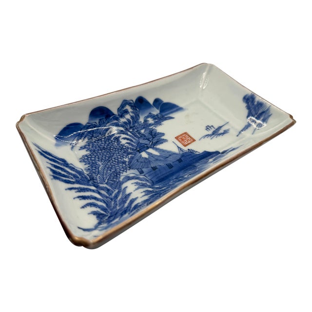 Asian Antique Tray: Rectangular Porcelain Blue White China Landscape Qianlong For Sale