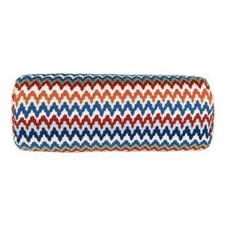 Scalamandre 21" x 7" Rainbow Mountain Crewel Bolster Pillow in Cobalt Rouge For Sale