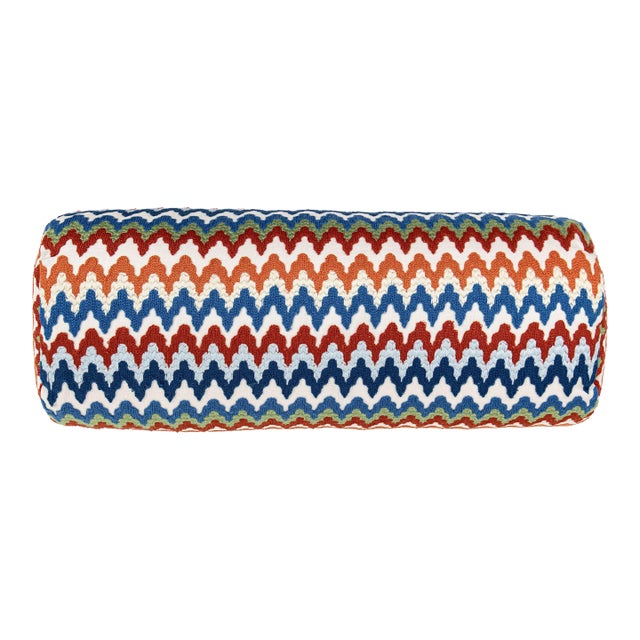 Scalamandre 21" x 7" Rainbow Mountain Crewel Bolster Pillow in Cobalt Rouge For Sale