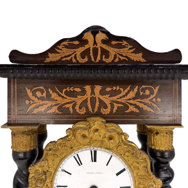 Wood Late 19th Century Portico Barley-Twist Marquetry Mantel Clock, French, Ca. 1880 For Sale - Image 7 of 11