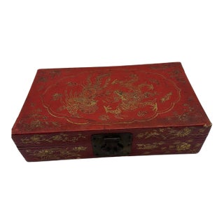 Vintage Chinese Gilt Red Lacquer Leather Document Box With Dragon & Phoenix For Sale