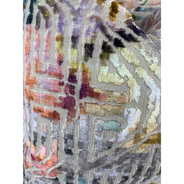 Custom pair of 22" pillows covered in S. Harris "Bukhara Velvet" in color tropic. These pillows have tapered corners to...