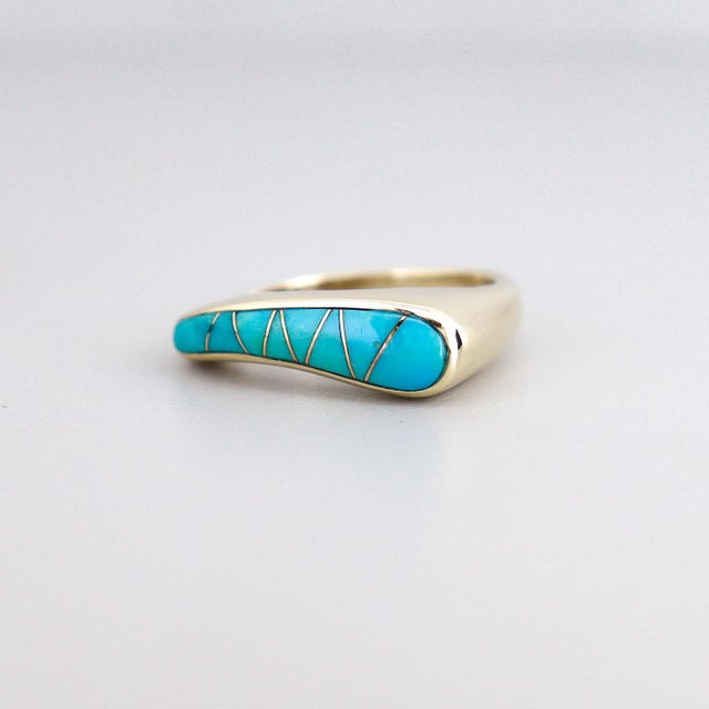 Vintage Modernist 14k Gold & Turquoise Cabochon Cocktail Ring For Sale - Image 9 of 14