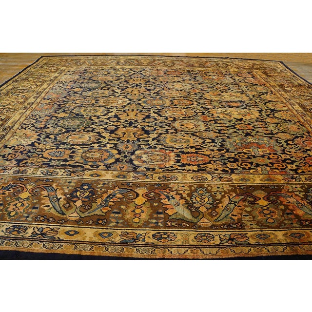 Persian 1880s Blue Navy Floral Traditional Antique Persian Bibikabad Rug 12'4'' X 14'2'' Hand Knotted Wool Carpet For Sale - Image 3 of 18