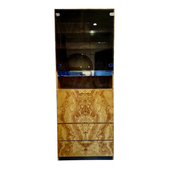 Genuine Burl Wood Mid-Century Matchbook Milo Baughman Glass Modern Cabinets For Sale