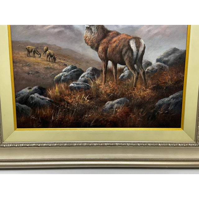 British Oil Painting Scottish Highlands Stag With Fawn Deers Monarch in ...