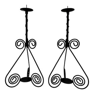 Vintage Spanish Mid Century Modern Black Iron Candle Holders, a Pair For Sale