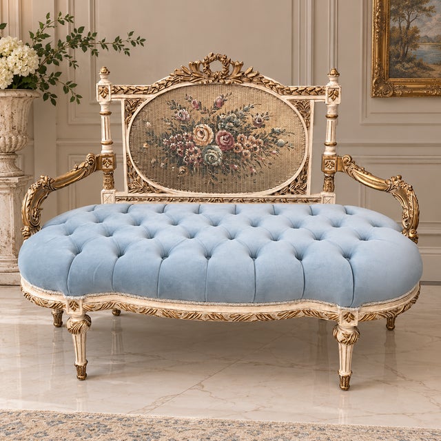 Elevate your interior with this elegant French Louis XVI-style settee, featuring luxurious sky blue velvet upholstery, an...