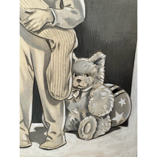 American 1940s Original Signed Graphite Illustration of Child Holding Christmas Stocking With Toys, 9.5 × 6.5 In. For Sale - Image 3 of 6
