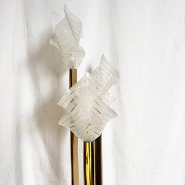 Art Deco Sculptural Acrylic and Brass Torchiere Floor Lamp With Calla Lily-Inspired Shades For Sale - Image 12 of 12