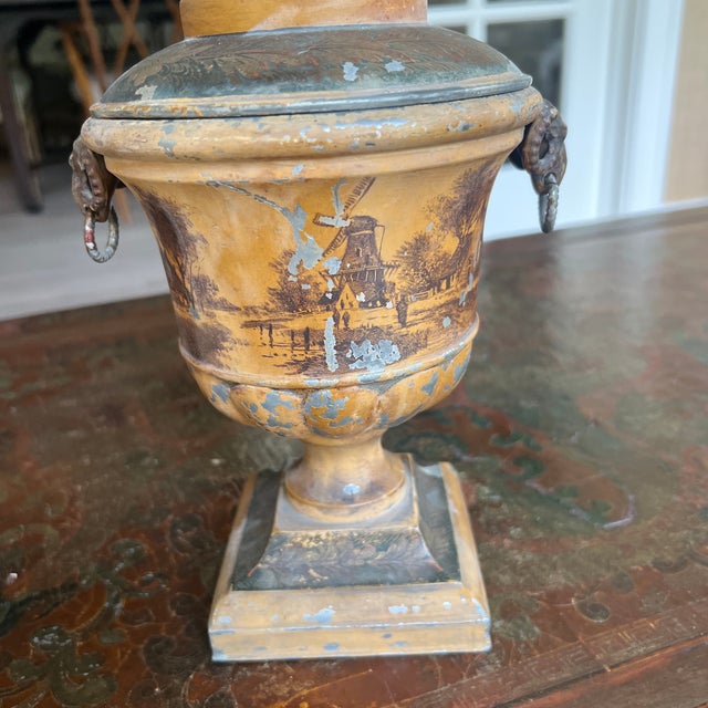 Antique Early 19the Century Dutch Tole Covered Urn With Ochre in Painted Design For Sale - Image 9 of 9