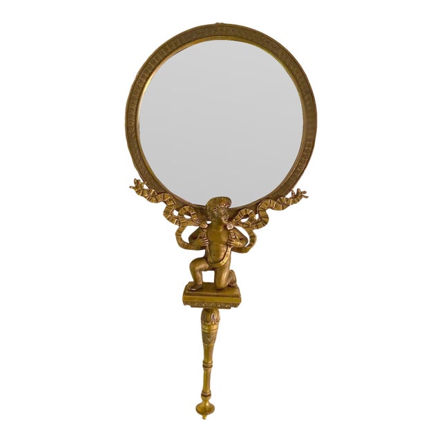 19thC French Neoclassical Bronze Gold Vanity Hand Mirror 1pc For Sale
