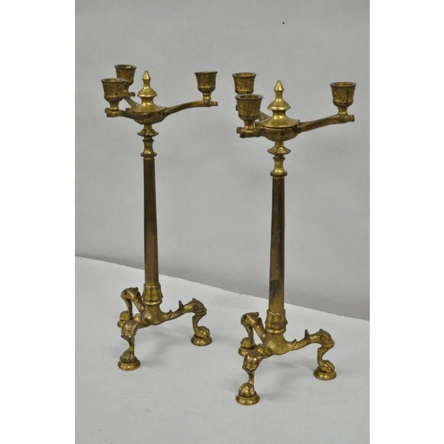 Antique French Renaissance Gothic Figural Brass 16" Candelabra W/ Lions - A Pair For Sale - Image 12 of 12
