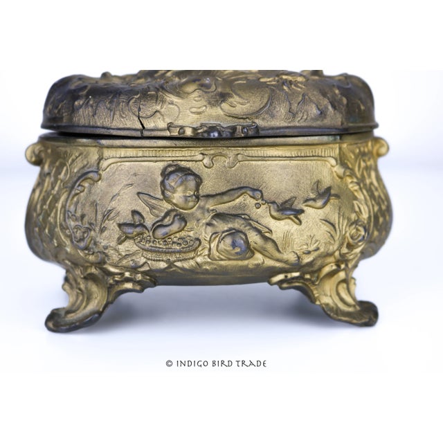 19th Century French Gilt Bronze Jewelry Box Casket With Cherub and Birds For Sale - Image 4 of 12