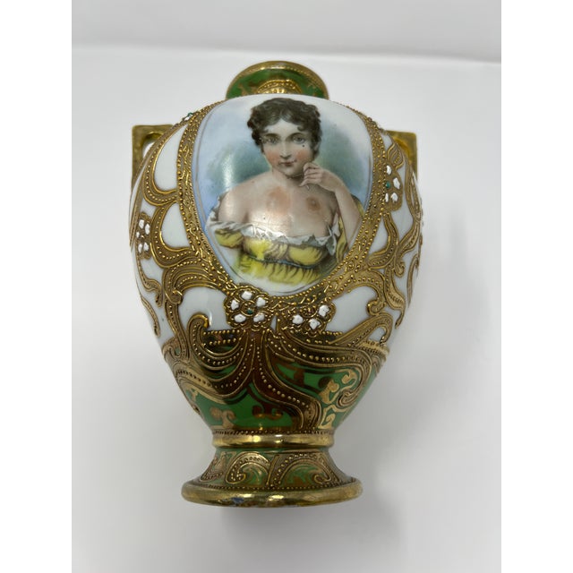 Ceramic Antique Japanese Nippon Hand Painted Portrait Porcelain Vase With Moriage & Jeweled Decoration, Circa 1905 For Sale - Image 7 of 11