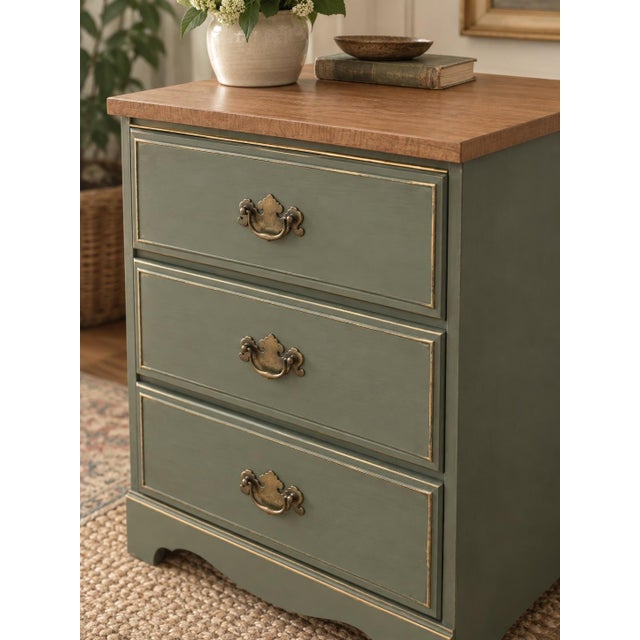 The nightstand has a substantial vintage wood case with traditionally constructed solid-wood drawer boxes. Its warm...