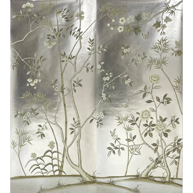 Chinoiserie Style Silver Leaf Hand Painted Wallpaper Panels - Set of 2 For Sale