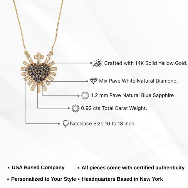 Blue Sapphire Diamond Sacred Heart Sunburst Pendant Necklace in 14k Yellow Gold For Sale - Image 11 of 16