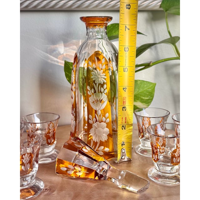 Vintage Art Deco Amber Cut Floral Etched Crystal Decanter Set With 6 Glasses - 7 pcs For Sale - Image 10 of 12