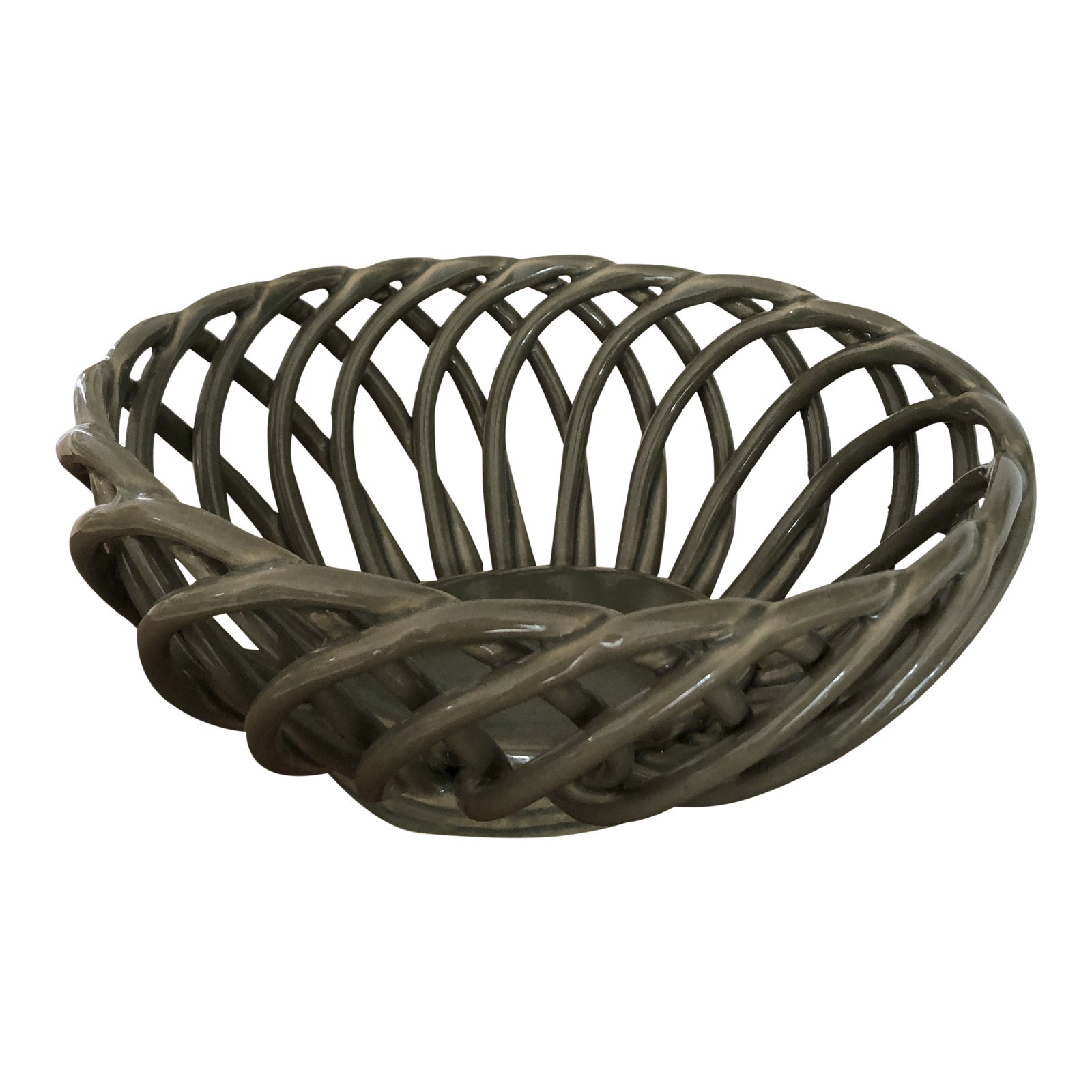 1990s Ceramic Woven Army Green Bread Basket Chairish