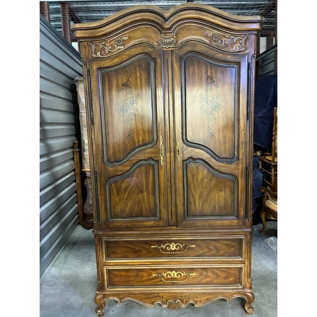 Vintage Drexel Heritage Brittany Collection Louis XV French Provincial Armoire Carved Wood Wardrobe For Sale - Image 10 of 12