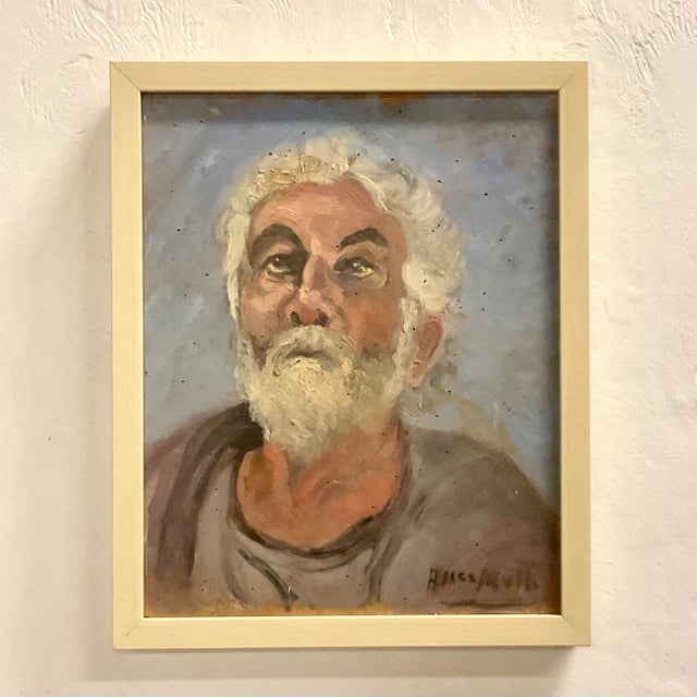 A fabulous vintage Boho original oil portrait. A chic composition of a weathered older man in chic colors. Newly framed....