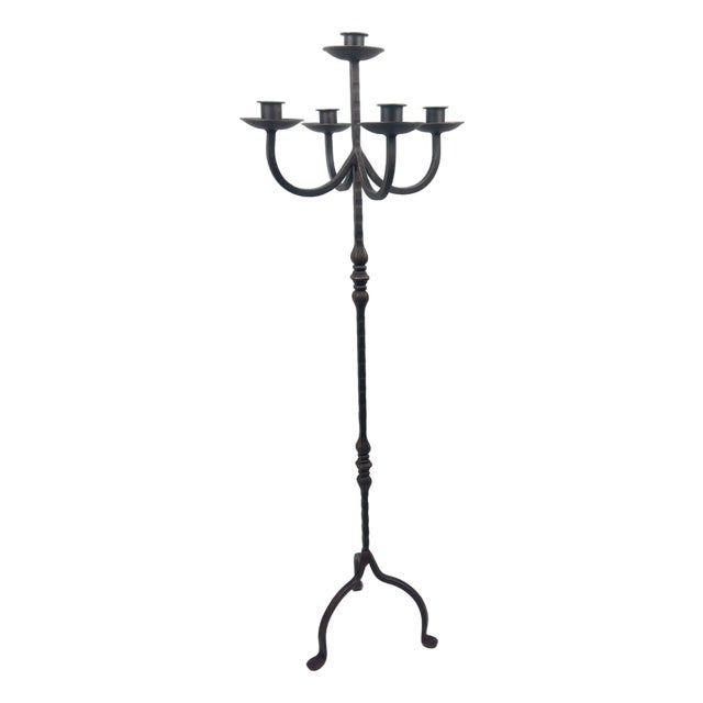 Hand Forged Iron Floor Candelabra 48.5″ (123cm) Antique Copper or Gold Patina 3-Arm Royal Scroll Candle Holder Decor For Sale