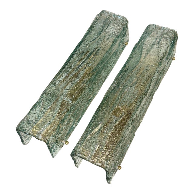 Pair of Murano Fontana Green Granola Glass Square Tube Sconces For Sale