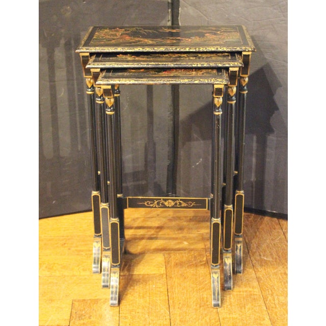Nest of 3 lacquer tables, Edwardian, circa 1900, English. Exceptional quality Chinoiserie decoration: a palace by a stream...