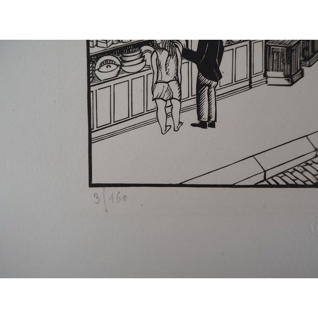 Théo Schmied Paris, Le Génie de la rue Hallé, 1928 Hand signed woodcut print Original woodcut print on vellum paper...