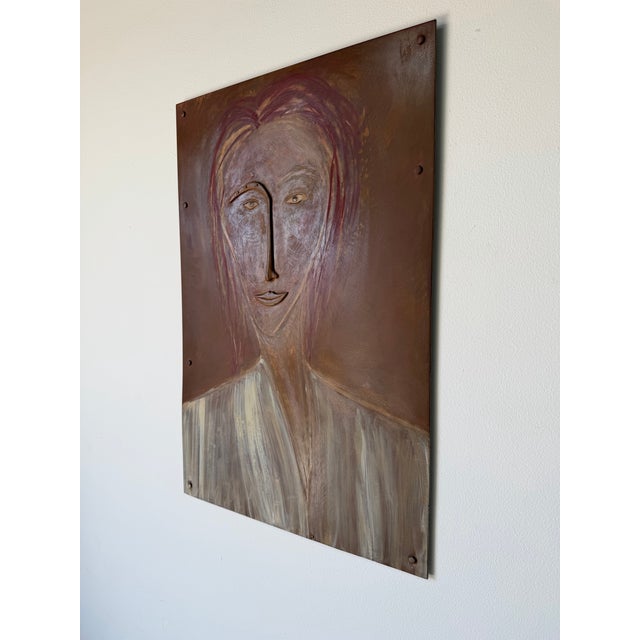 Vintage Mixed Media Metal Female Portrait Wall Art – Sculptural Painted Panel For Sale - Image 4 of 12