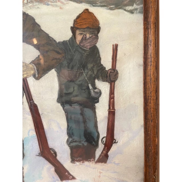 1940s 1940s Original Casey Man and Boy Hunting Snow Pastel Drawing Painting Folk Art For Sale - Image 5 of 15