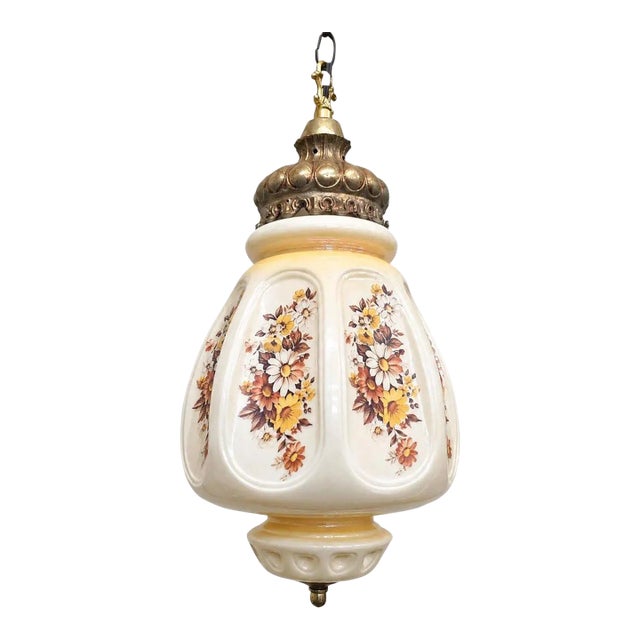 Vintage French Country Floral Glass Swag Plug in Lamp Pendant Light Reading Nook For Sale