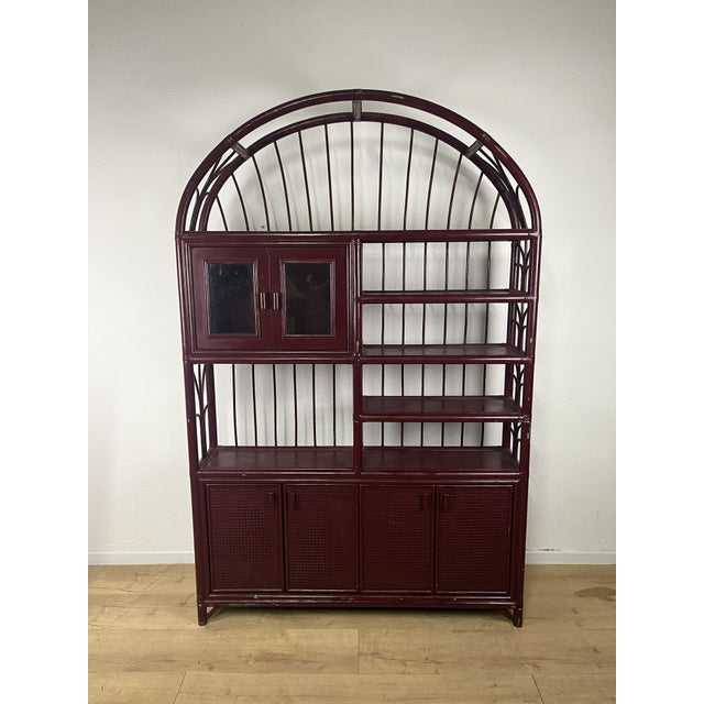 Wood Vintage Italian Burgundy Bamboo Wicker Bar Cabinet and Stools, 1970s, Set of 5 For Sale - Image 7 of 9