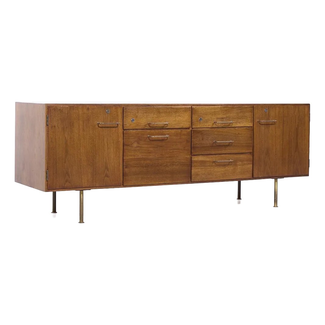 Jens Risom Mid Century Walnut and Brass Credenza | Chairish