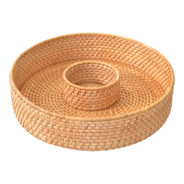 1960 Rattan, Cane & Bamboo Chip & Dip Server For Sale