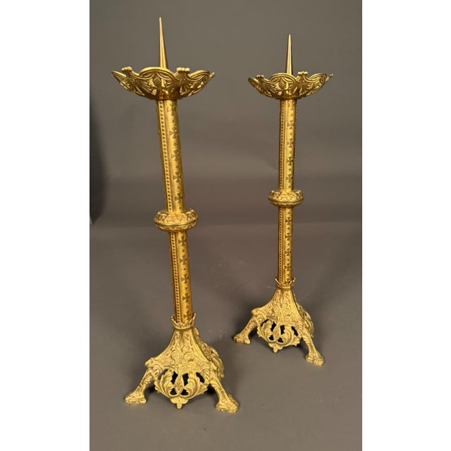 Gothic 19th Century French Pair of Gothic Style Dore Bronze Candelabras, Circa 1850 For Sale - Image 3 of 13
