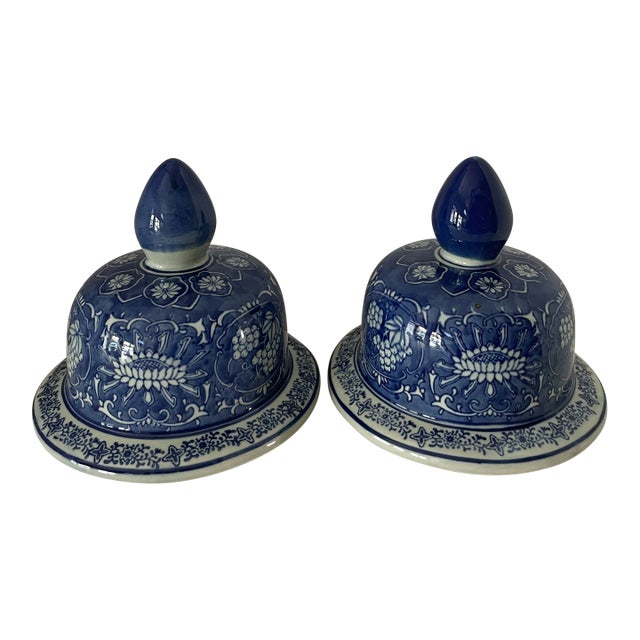 Vintage Blue and White Hand Painted Chinoiserie Ceramic Table, Post or Lamp Finial- Set of 2 For Sale