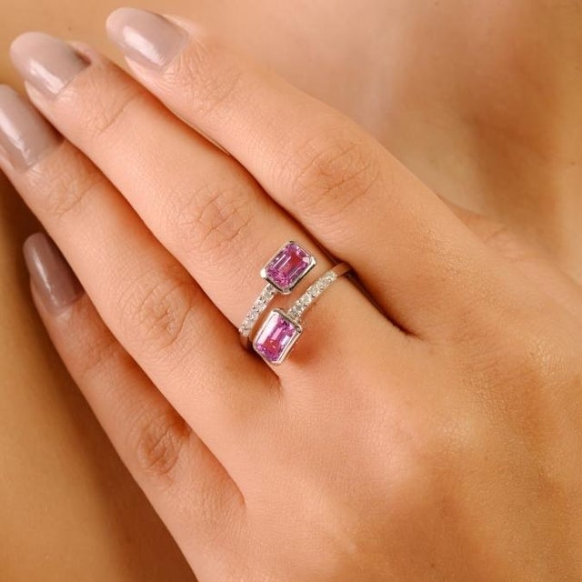Pink Edwarding Style 14k Gold 1.68 Ct Pink Sapphire Daimond Open Bypass Ring Size 5 For Sale - Image 8 of 14