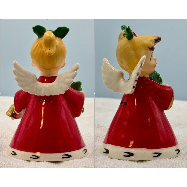 Ceramic 1956 Napco 3BX2381 Ceramic Angel "Noel" Red/ White/Green Christmas 4 Piece Bell Set For Sale - Image 7 of 12