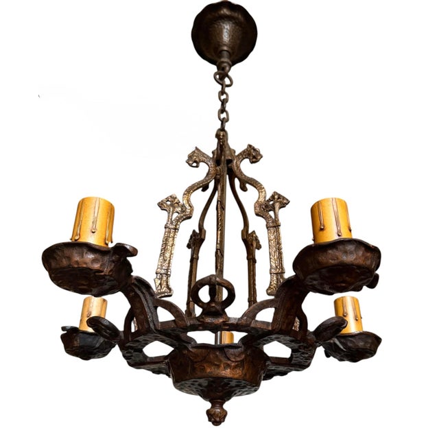 Early 20th Century Spanish Revival Gargoyle Chandelier in Bronze Original Patina For Sale In Los Angeles - Image 6 of 12