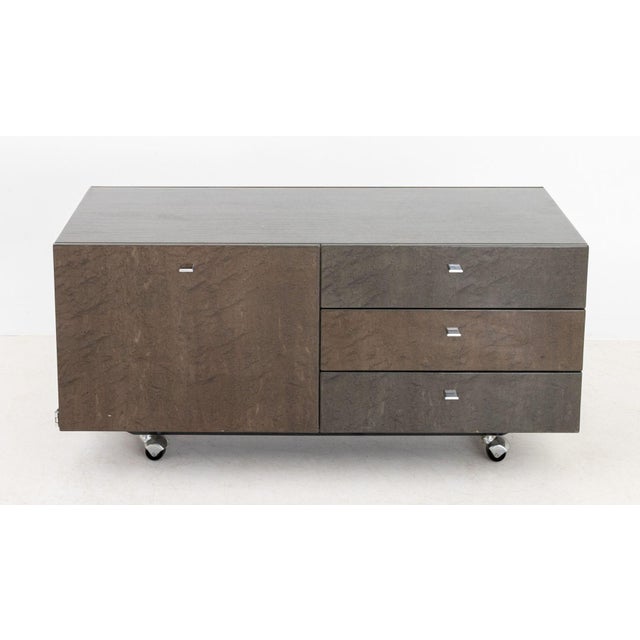 Saporiti Italia Gray Stained Bird's Eye Maple Credenza, with filing cabinet and three drawers to right mounted on four...