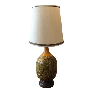 Authentic Mid Century Modern Brutalist Green Tall Table Lamp W Shade For Sale